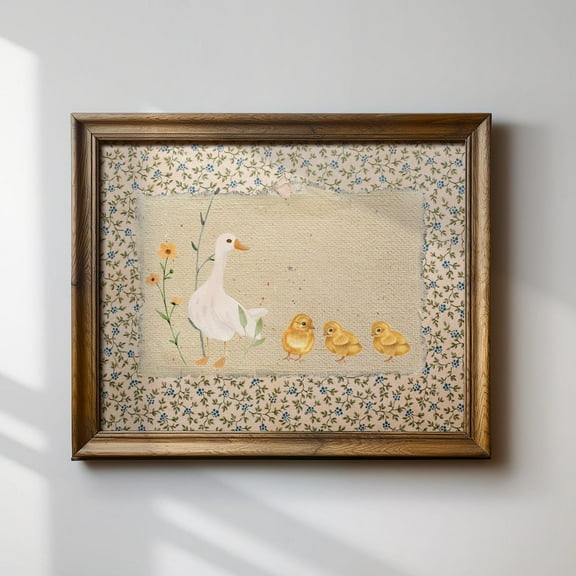 3 Chick Vintage Mother Duck Print, Nursery Art, Vintage Painting, Cottagecore, Horizontal Wall Art, Modern Wall Decor For Living Room, 16x24 UNFRAMED