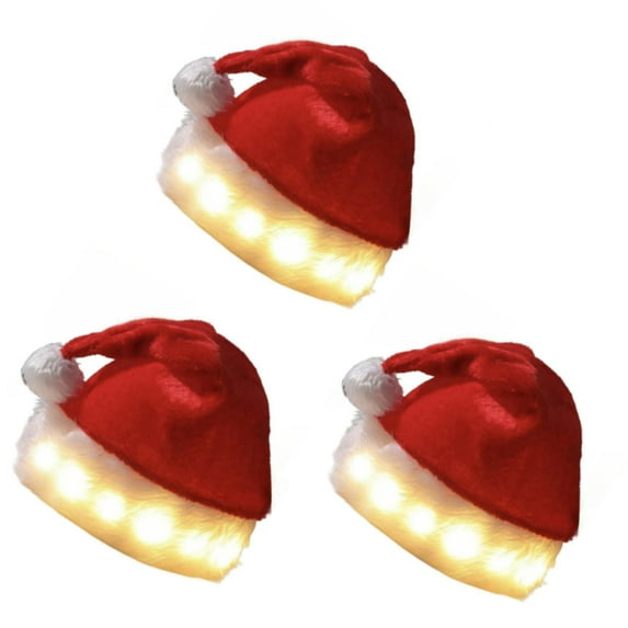3 Christmas Light Up Santa Clause Hat Plush Cap Party Cosplay Costume Xmas Hat Gift 3 Light up modes Adult Men and Women Photos (Set of 3)