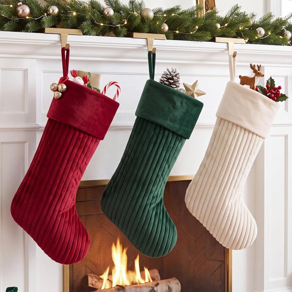 3 Christmas Stockings Set 19 Inch Velvet Quilted Stocking, Red,Beige, Green, 9.06 x 7.68 x 2.95 inches, for Christmas Tree Decorations, for Fireplace Mantel