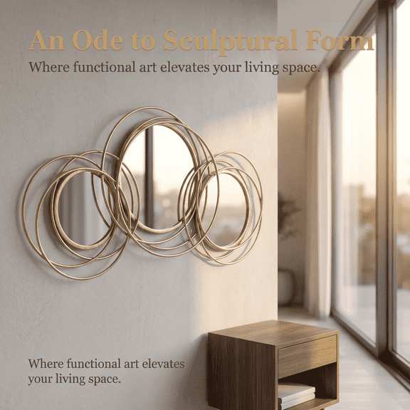 3-Circle Gold Decorative Wall Mirror, 34.06x 17.3 in | Hand-finished gold leaf iron frame; hangs horizontally or vertically above a console, sofa, entryway table, or hallway wall
