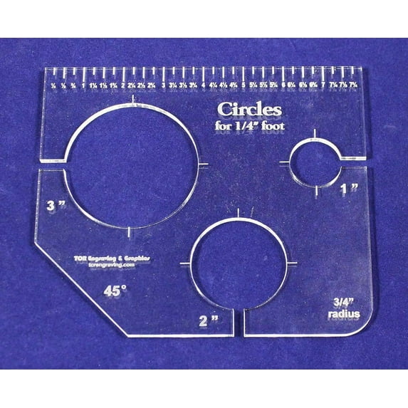 3 Circles Template for 1/4" Foot - Clear with Ruler 1/4" Thick 1", 2", 3"
