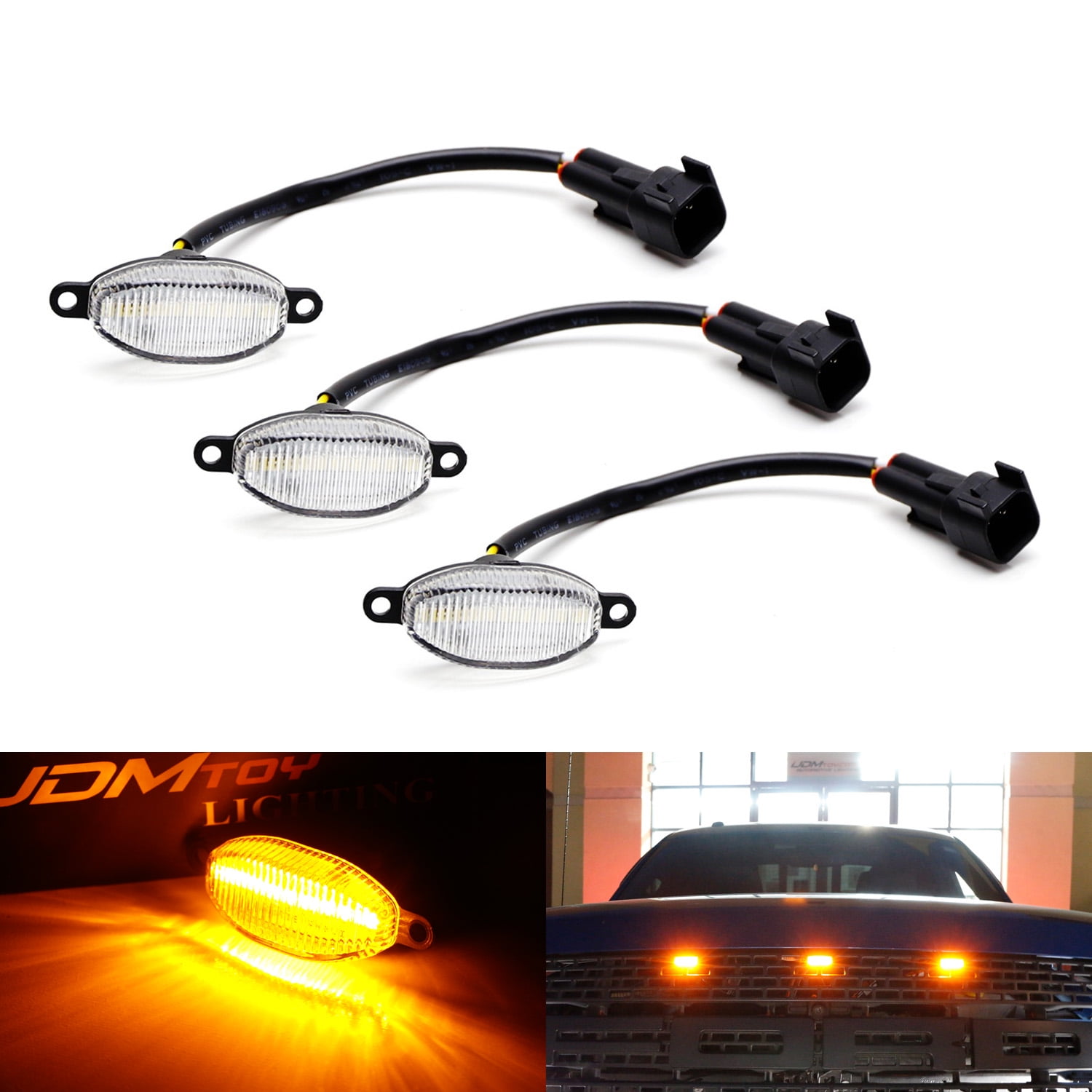 (3) Clear Lens Amber LED Grille Running Lights For 1014 & 17up Ford Raptor (Powered by 36