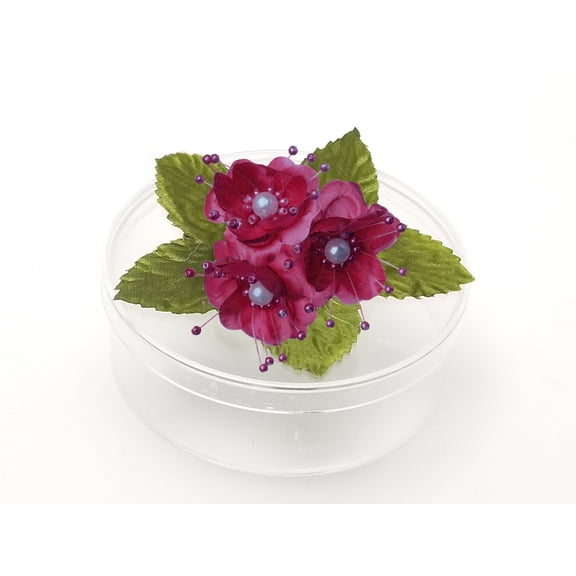 3 Clear Round Cookie Nut Candy Boxes w/ Pearl Satin Organza Flower - Orange Container material is Plastic Clear round cookie nut candy boxes are 4.5" diameter 1.5 inches deep
