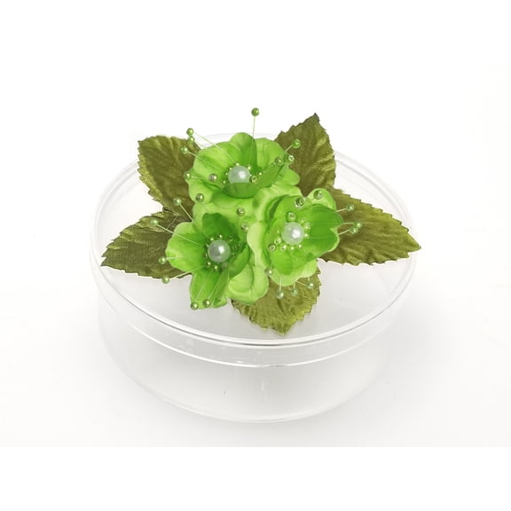 3 Clear Round Cookie Nut Candy Boxes w/ Pearl Satin Organza Flower - Royal Blue Container material is Plastic Clear round cookie nut candy boxes are 4.5" diameter 1.5 inches deep