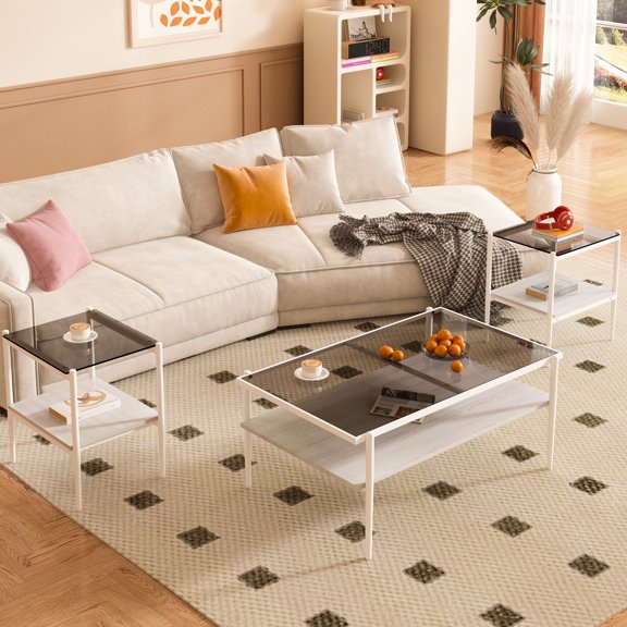 3 Coffee Table And End Tables In Gray Tempered Glass With Strong Layer For Living Room Enticing Exhibition Fashionable Space Of 3, Display Stand