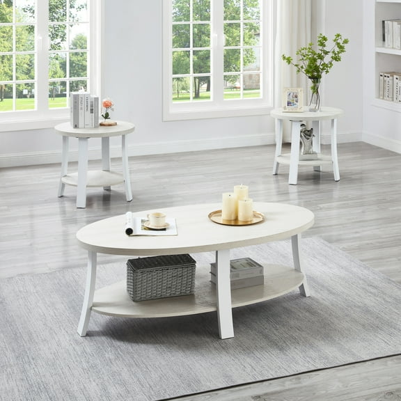 3 Coffee Table With Oval Wood Shelf And Two End Tables, White, Modern Style For Living Area Furniture Contemporary White - Home