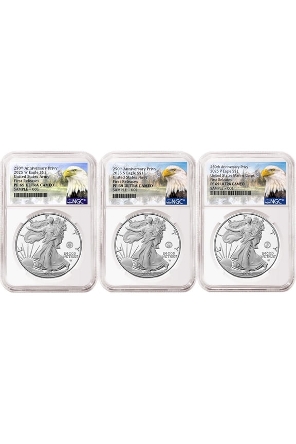 3 Coin Set, 2025 Silver Eagles 250th Anniversary Privy NGC PF69 FR Mtn