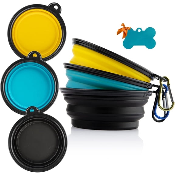 3 Collapsible Bowl, Foldable Expandable Cup Dish for Small Pet Water Feeding Portable Travel Bowl, Free Pet ID-Tag, Yellow Blue Black, S