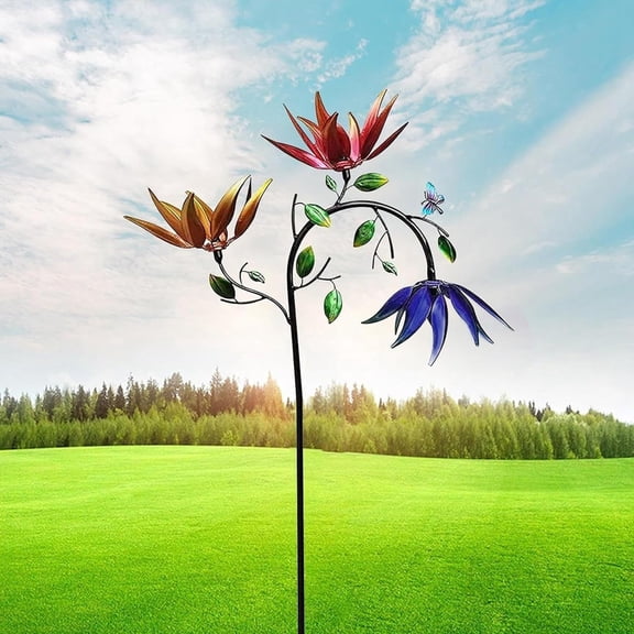 3-Color Floral Butterfly Metal Wind Spinner Garden Stake,Rotatable Wind Powered Iron Yard Art Ornament,For Backyard Flower Bed Lawn Patio Outdoor Landscape Decor