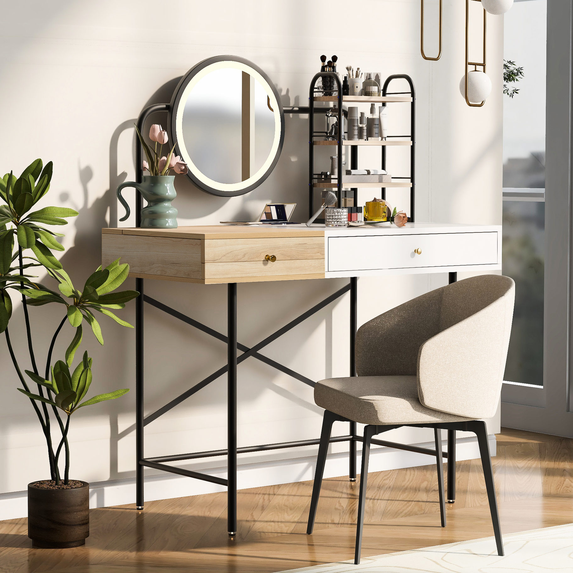 Vanity Keep 3-Color LED Lighted Makeup Vanity Desk with Wireless Charging / Keep ...