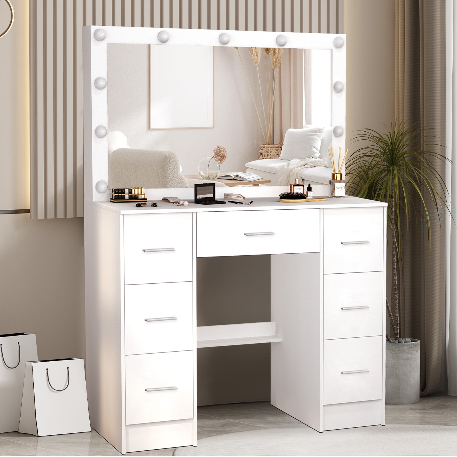3-Color LED Makeup Vanity Set with 7 Drawers & Lighted Mirror, Space-Saving Dressing Table for Small Bedrooms, White Beauty Desk with Adjustable Brightness & Silver Handles