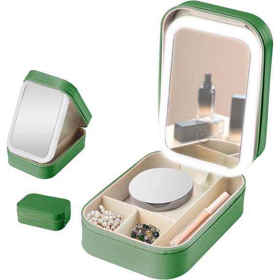 3-Color LED Travel Jewelry Case with Mirror, 1200mAh Rechargeable Touch ...