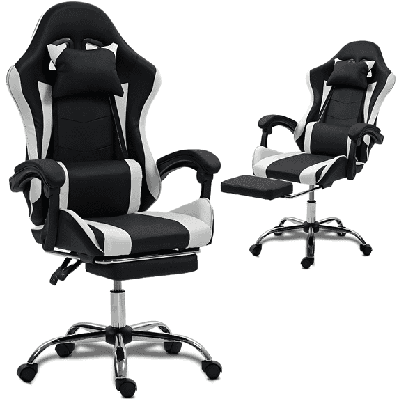 WENTUM Gaming Chair with Massage Lumbar Support Ergonomic Video Game Chair, Adjustable Headrest & Footrest, White