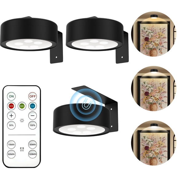 3 Pack Picture Lights for Wall, 2000mAh Rechargeable Magnetic Painting Light with 3 Lighting Modes, Wireless Poster Lights with Remote, Art Display Light Puck Lights for Frame, Gallery, Wall Decor