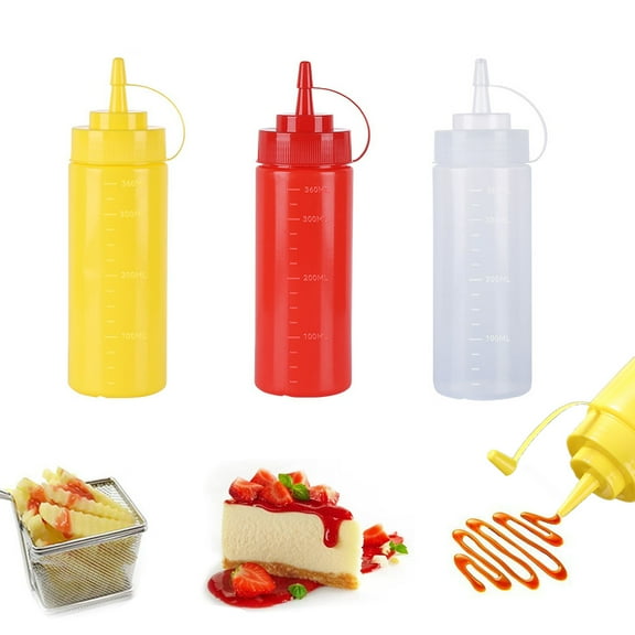 3 Color Plastic Squeeze Bottles 12 oz Condiment Squeeze Bottles Multipurpose Squirt Bottle for Ketchup Oil Jam BBQ Sauce Dressing Grilling Crafts Syrup Dispensers