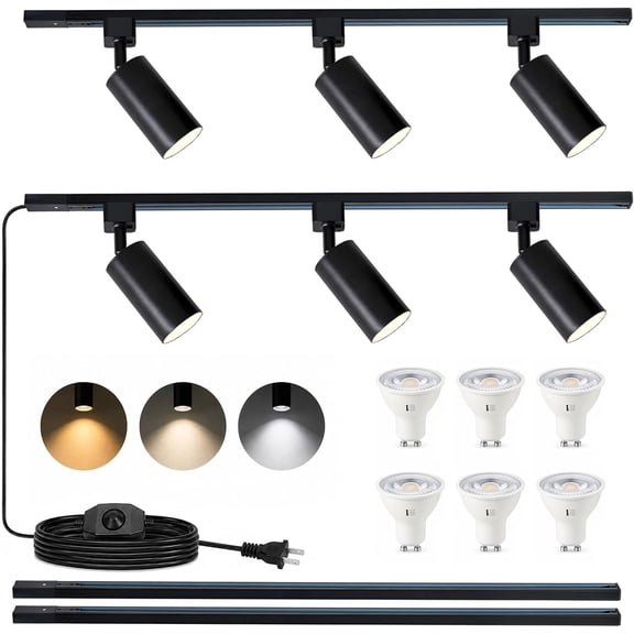 3-Color Plug in Track Lighting Dimmable with Power Cord, 6-Light Track Lighting Kit with 6.6FT H Type Track Lighting Rails, Modern Kitchen LED Track Lighting Fixtures Ceiling Spot Light, Black