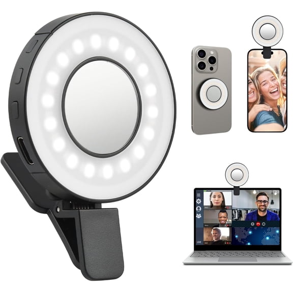 3 Color Selfie Light Mini Phone Light,with Magsafe & Clip for iPhone | 4 Brightness Levels Phone Ring Light Rechargeable for Selfies, Makeup,TikTok,Vlog, Content Creator Essentials