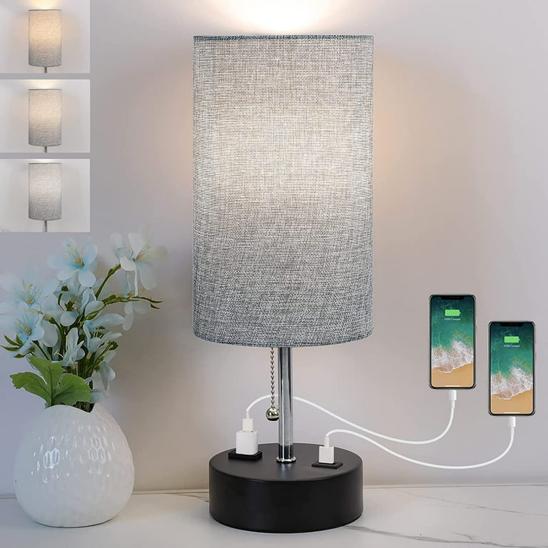 3 Color Temperature Bedside Lamp Nightstand Lamp with USB Port and AC Outlet Table Lamp for Bedroom with LED Bulb Small Lamps for Living Room Gray