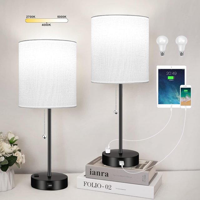 3 Color Temperature Bedside Table Lamps Set of 2, Modern Small Lamp with USB and Outlet, Bedroom
