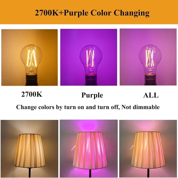 3 Color Temperature LED Bulb E26 Medium Base, 2700K Warm White and Purple Color Changing Light Bulb 3CCT A19 LED 6W Clear Glass, Not Dimmable, 2 Pack