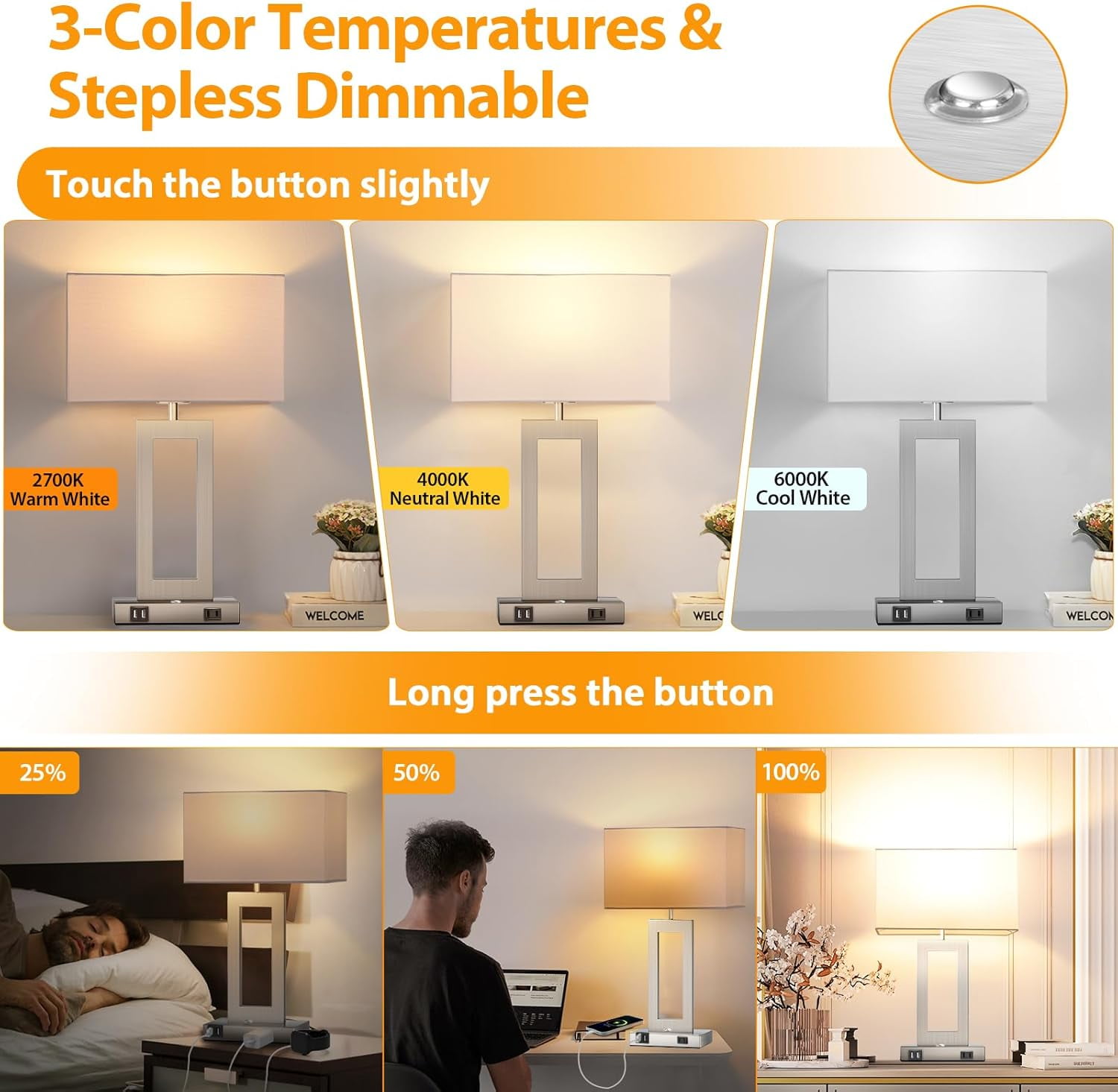 3 Color Temperatures Touch Control Table Lamps Set of 2, Stepless ...