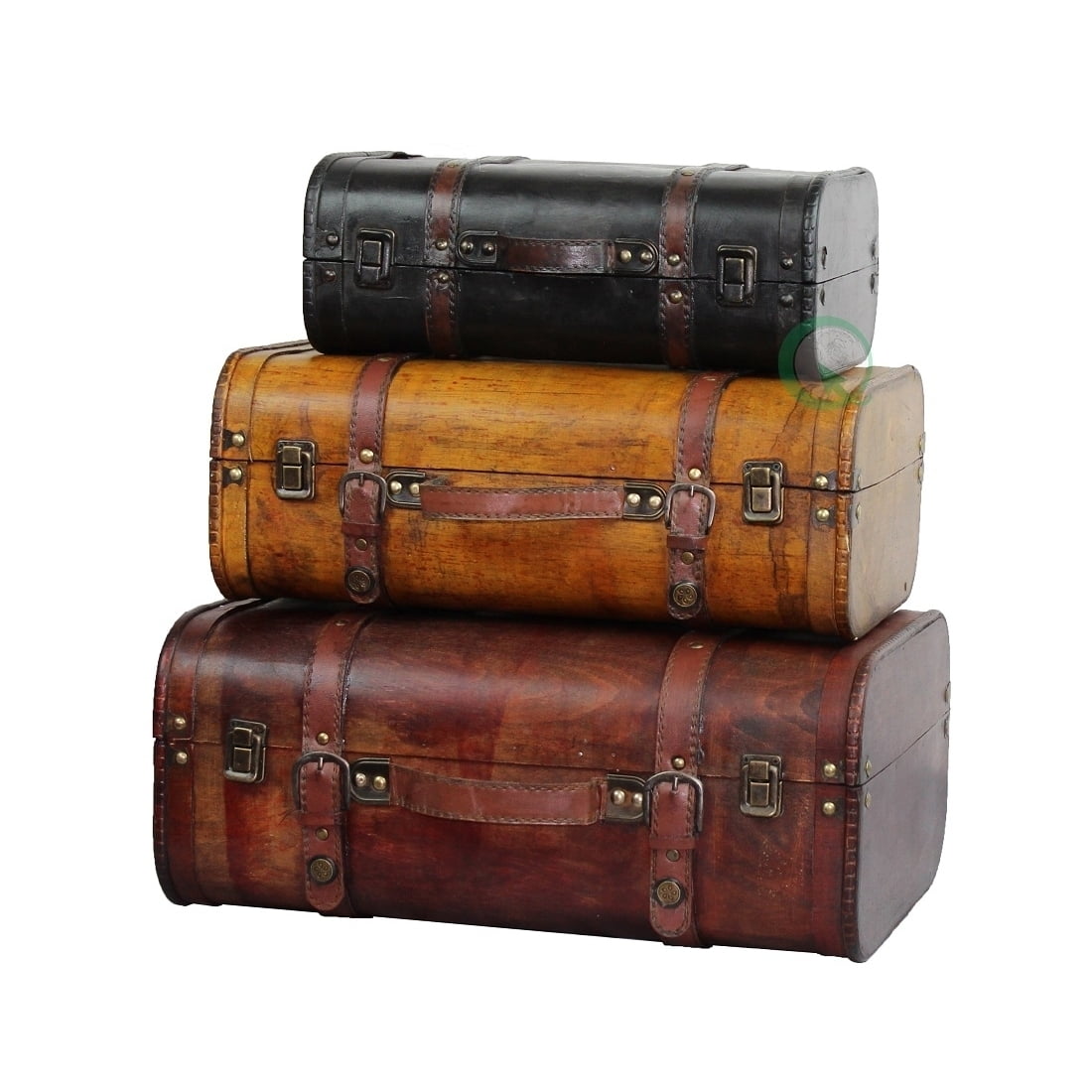Vintage Style 3-Piece Brown and Black Wood Suitcase Set