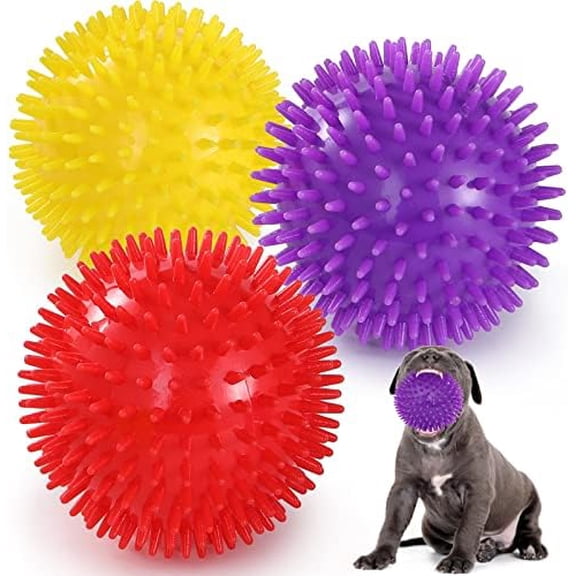 3 Colors 4.5” Heavy Duty Squeaky Dog Toy Balls for Medium Large Dogs, Dog Chew Toys for Teething, Spiky Balls for Aggressive Chewers, Durable Toys for Teeth Cleaning and Training