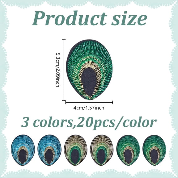 3 Colors 60Pcs Peacock Feather Embroidered Patches Iron On Sew On Patch Badge Decorative Repair Applique Patch for Backpacks Hats Clothes Jackets Sewing Craft Decoration