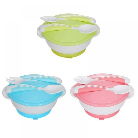 3 Colors Baby Anti-slip Double Ear Sucker Bowl With Lid With Spoon Fork Baby Training Bowl Infant Food Supplement Tableware