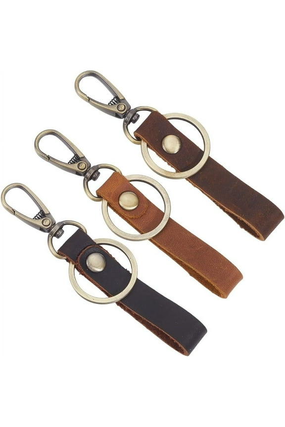 3 Colors Brown Cowhide Leather Keychain Bulk Genuine Leather Valet Key Chain Universal Fob Belt Strap Holders Lanyard Key Keyring with Gold Alloy Ring Clasp for Car Keys Chains Men Women Colorful
