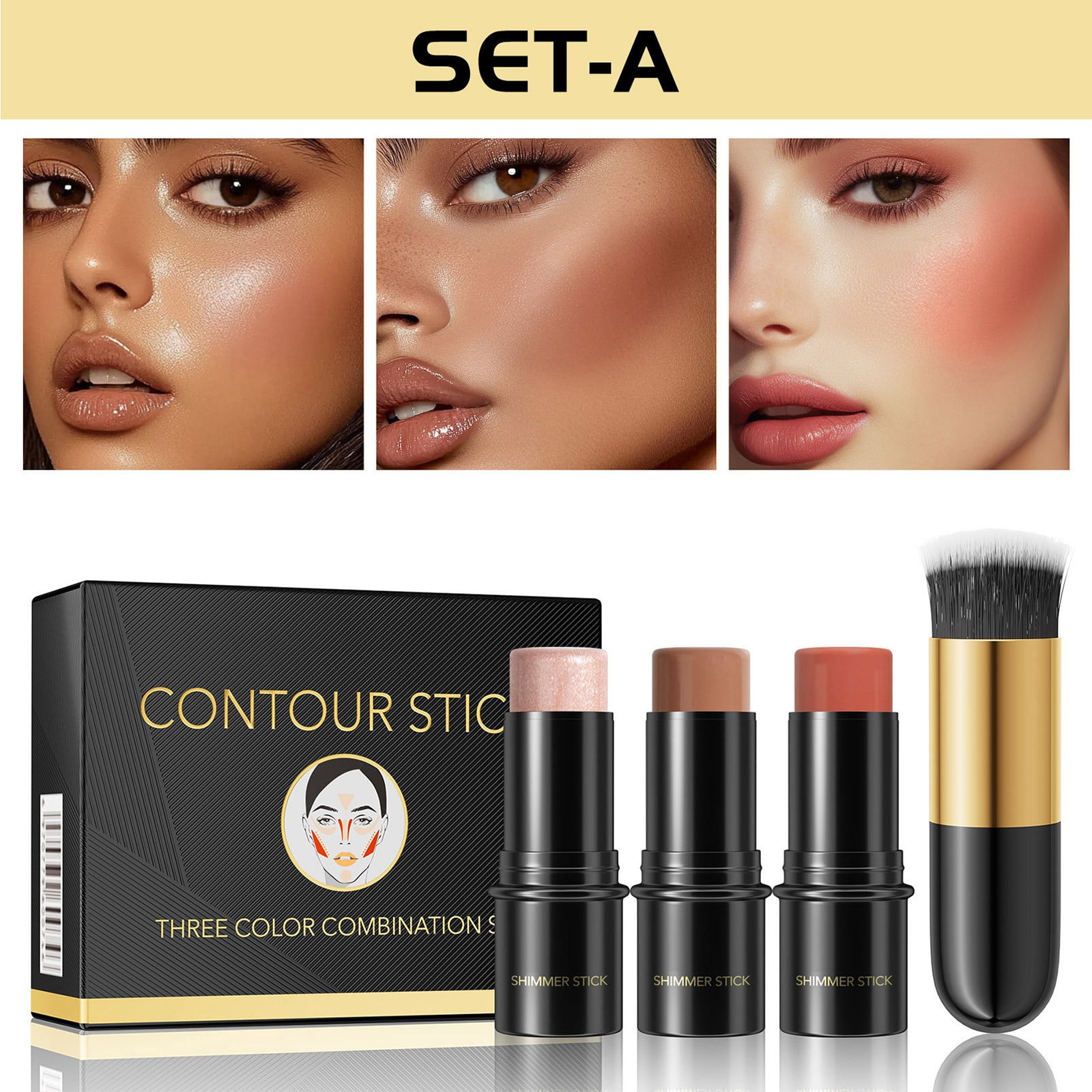 3 Colors Cream Contour Sticks Makeup Kit, Primer Face Highlighter ...