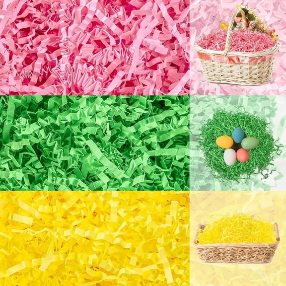 3 Colors Easter Grass Crinkle Cut Paper Shred, Pink Green Yellow Raffia Paper