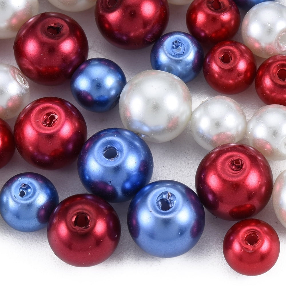 3 Colors Glass Pearl Beads Round Red & White & Blue Beads Mixed Color 6~8mm Hole: 1mm Box: 85x85x85