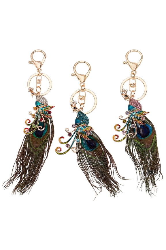 3 Colors Peacock Keychains Alloy Rhinestone Peacock Keychains Pendants Peacock Feather Keychains Charms for Keychian