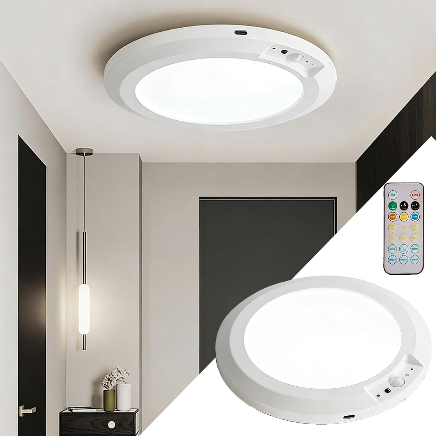 3 Colors Rechargeable Shower Light, Rechargeable Ceiling Light with Remote,Motion-Activated Human Body Sensor, No Drill Magnetic Mount, Ideal for Bathroom, Hallway, Etc (1Pcs)