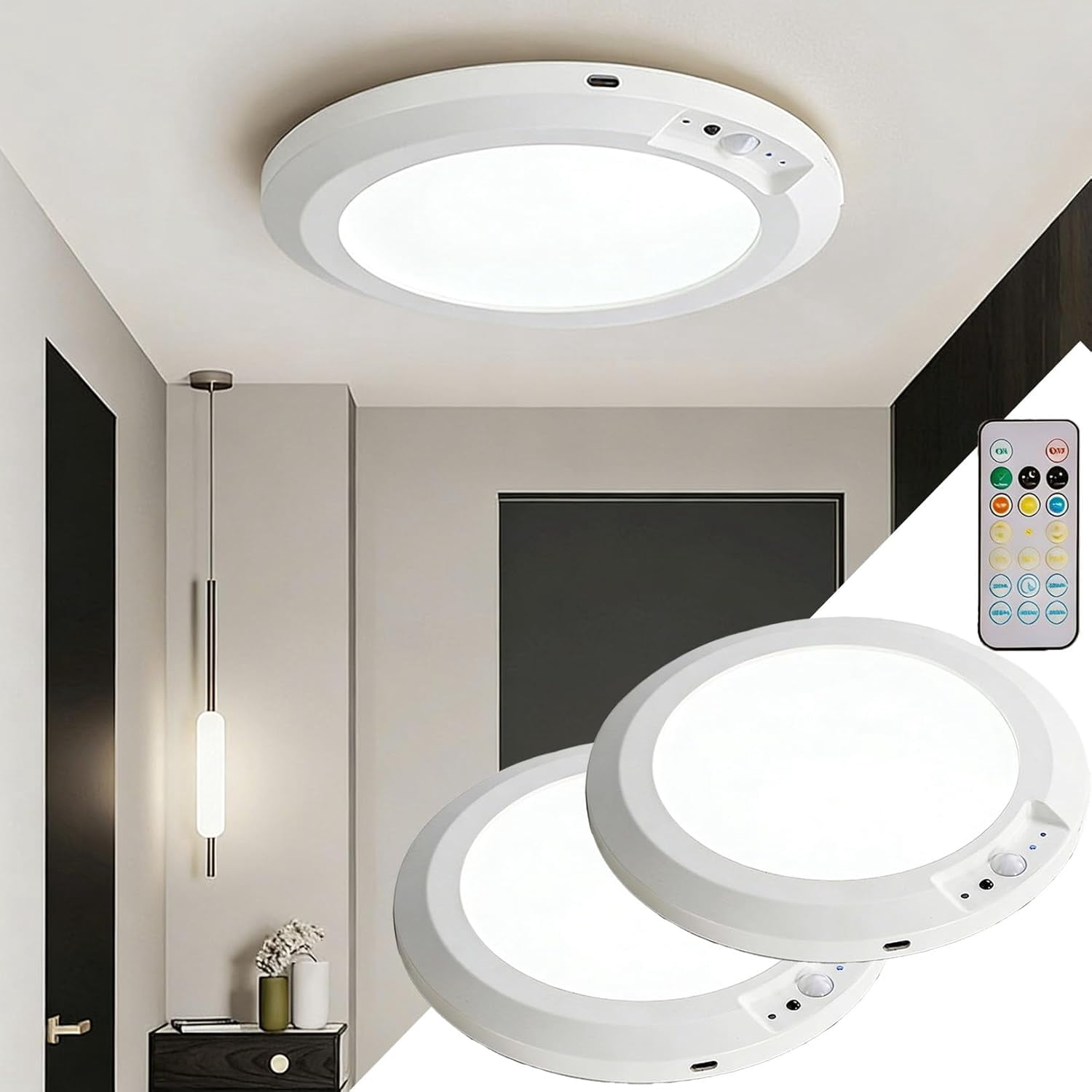 3 Colors Rechargeable Shower Light, Rechargeable Ceiling Light with Remote,Motion-Activated Human Body Sensor, No Drill Magnetic Mount, Ideal for Bathroom, Hallway, Etc (2Pcs)