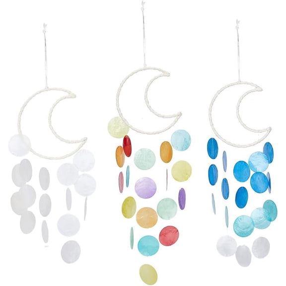 3 Colors Shell Outdoor Wind Chimes Moon Style Seashell Wind Chimes Unique Boho Coastal Style Wind Chimes Colorful Round Wind Chimes for DIY Home Room Bedroom Decoration Length: 22~24inch