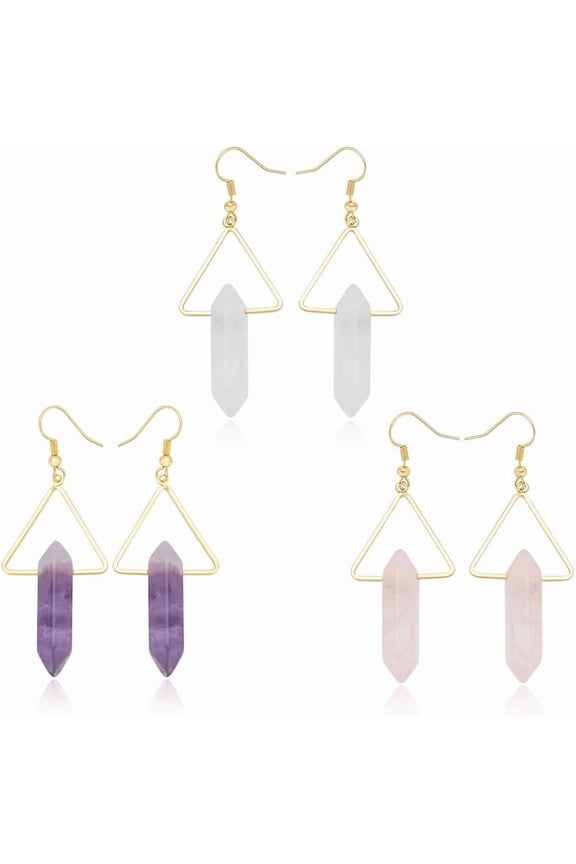 3 Colors Stone Earrings Fashion Quartz Stone Earrings Natural Mixed Gemstone Triangle Earrings Reiki Dangle Hook Eardrop for Women