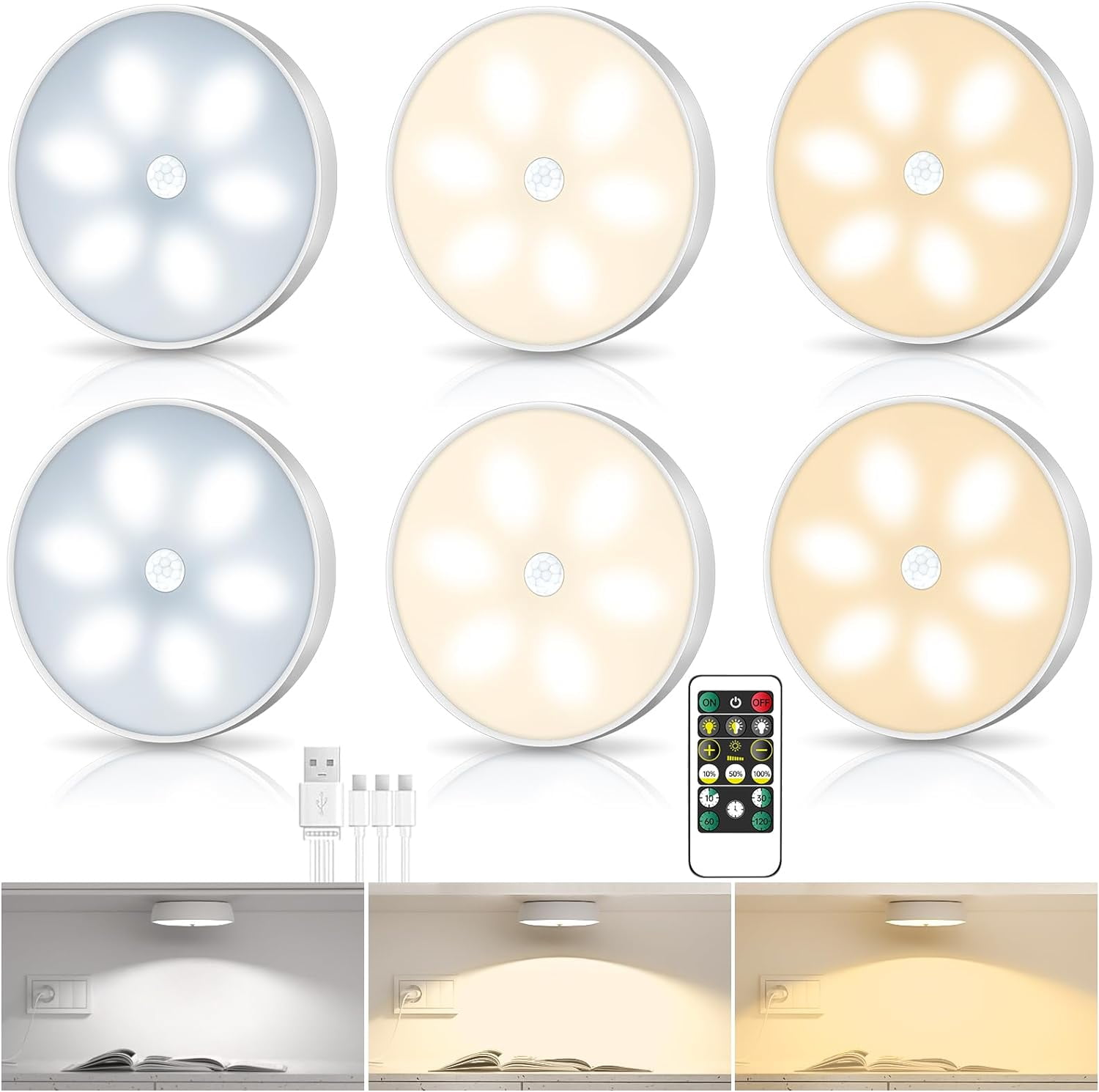 3 Colors Temperatures LED Closet Lights Wireless Motion Sensor Puck ...