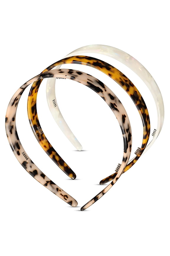3 Colors Tortoise Shell Headband Set: Wide Acetate, Resin, Skinny Thin Headbands with Teeth for Women and Girls (White Laser, Leopard, Ivory)