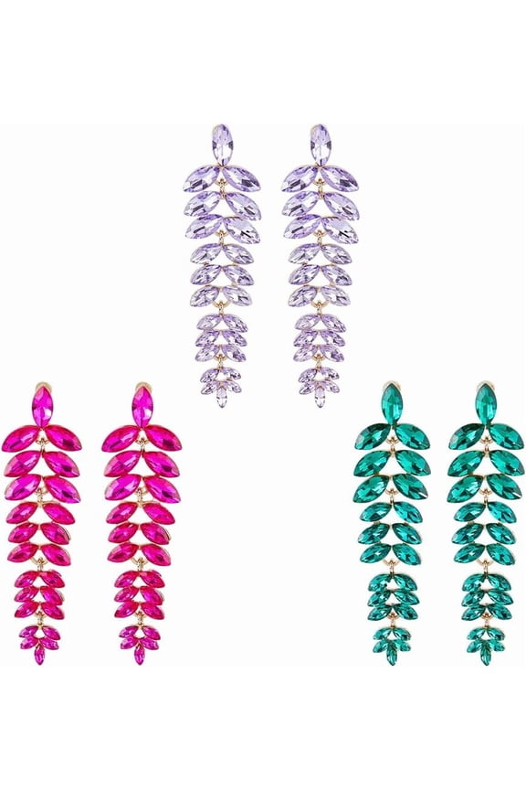 3 Colors Wedding Bridal Earrings Rhinestone Flower Drop Earrings Leaf Dangle stud Earrings Chandelier Dangle Earrings Alloy Long Drop Earrings Vintage Prom Stud