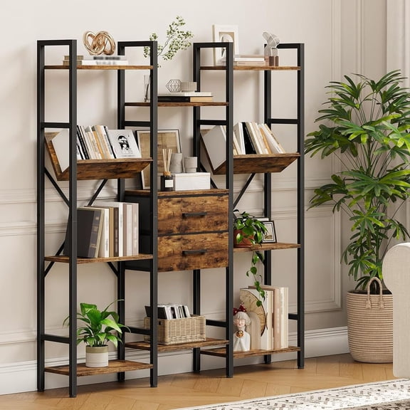3-Column Bookcase With 2 Drawers And V-Shaped Shelves, Standard Rustic Brown And Black