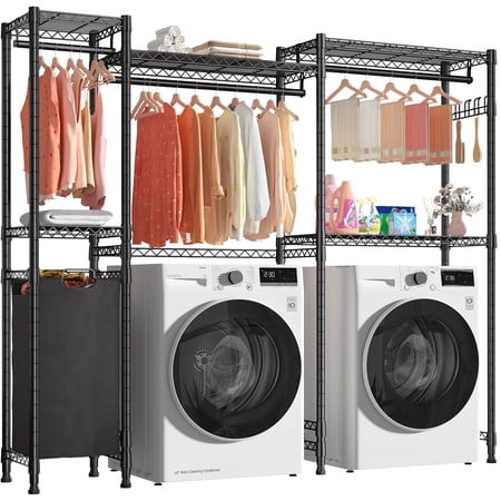 3 Columns Over The Washer and Dryer Storage Shelf, Large Laundry Sorter with Laundry Basket and Hooks, Dirty Clothes Organizer with Adjustable Storage Shelf, 78.7"L×17.3W"×76.4H", Black