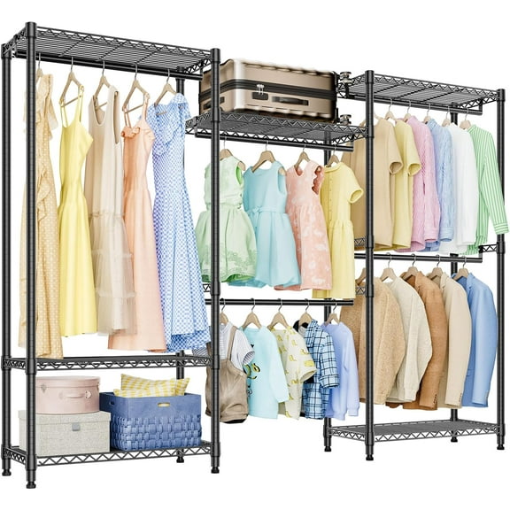3 Combination Heavy Duty Rolling Garment Rack Wire Clothes Rack for Hanging Clothes, Metal Freestanding Closet Wardrobe Rack with 5 Rods Black 15.7" D x 70.8" W x 76.5" H