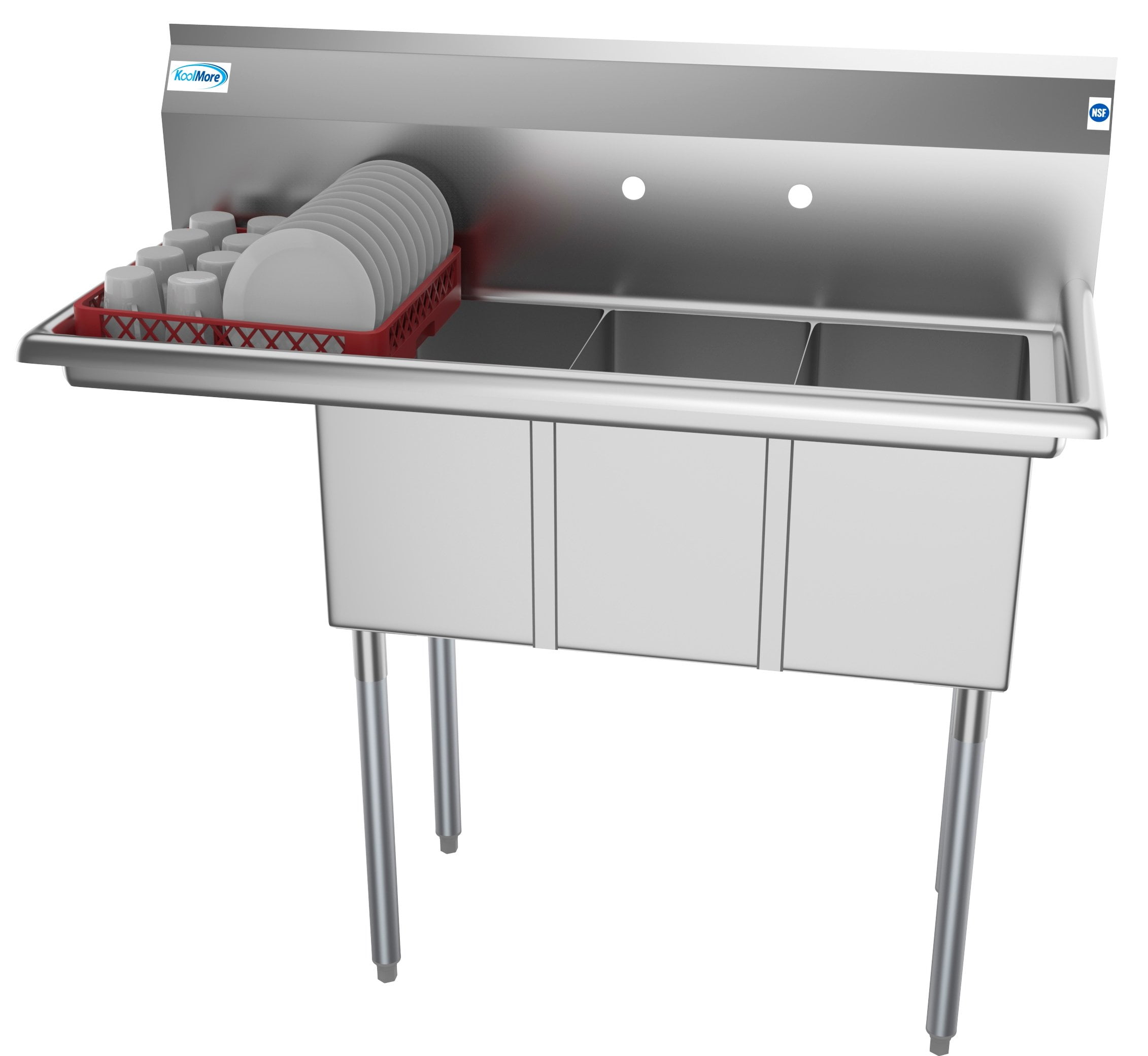 KoolMore 45 in. Three Compartment Stainless Steel Commercial Sink with Drainboard, Bowl Size 10"x 14"x 10"