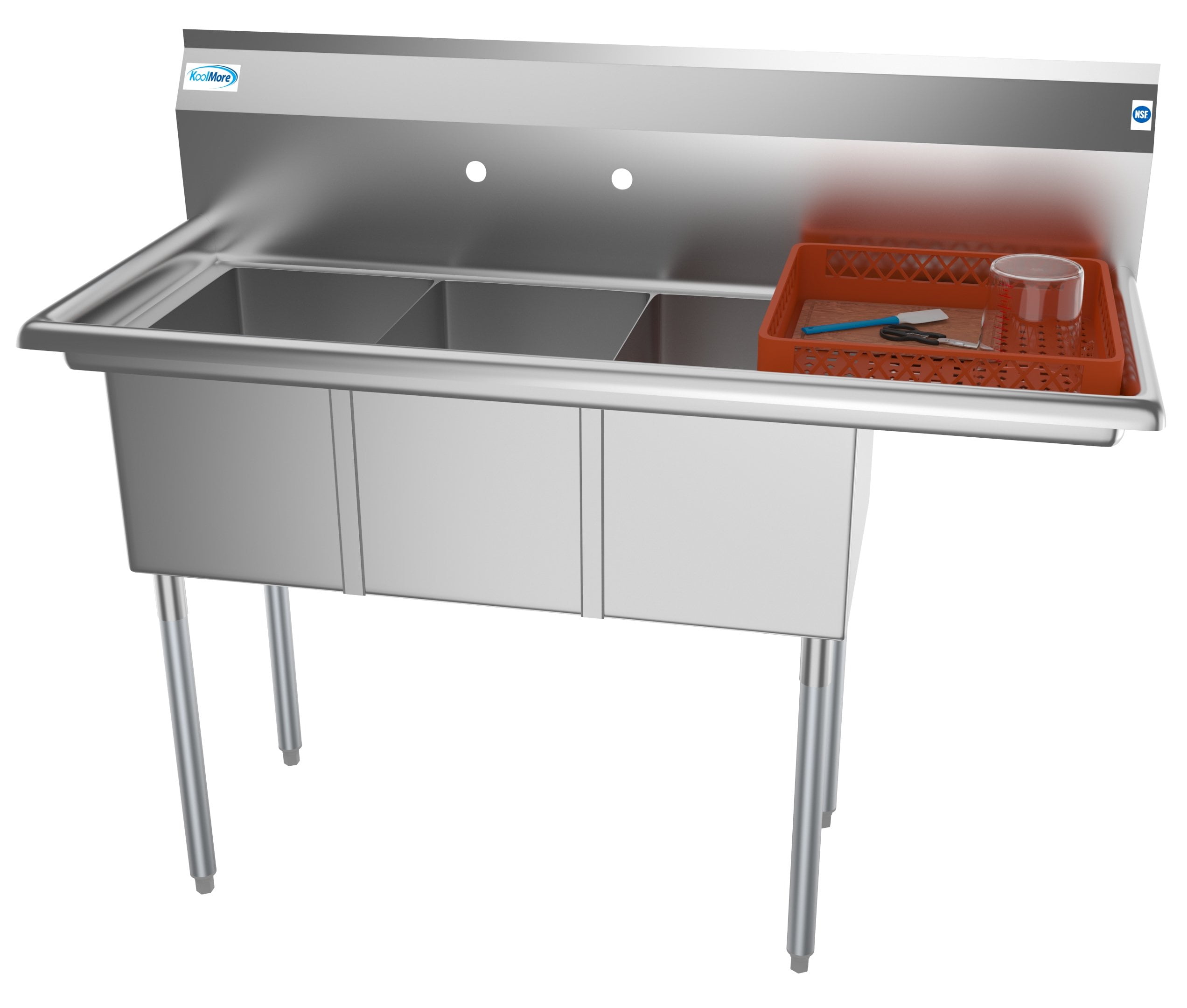3 Compartment 51" Stainless Steel Commercial Kitchen Sink with Drainboard - Bowl Size 12" x 16" x 10"