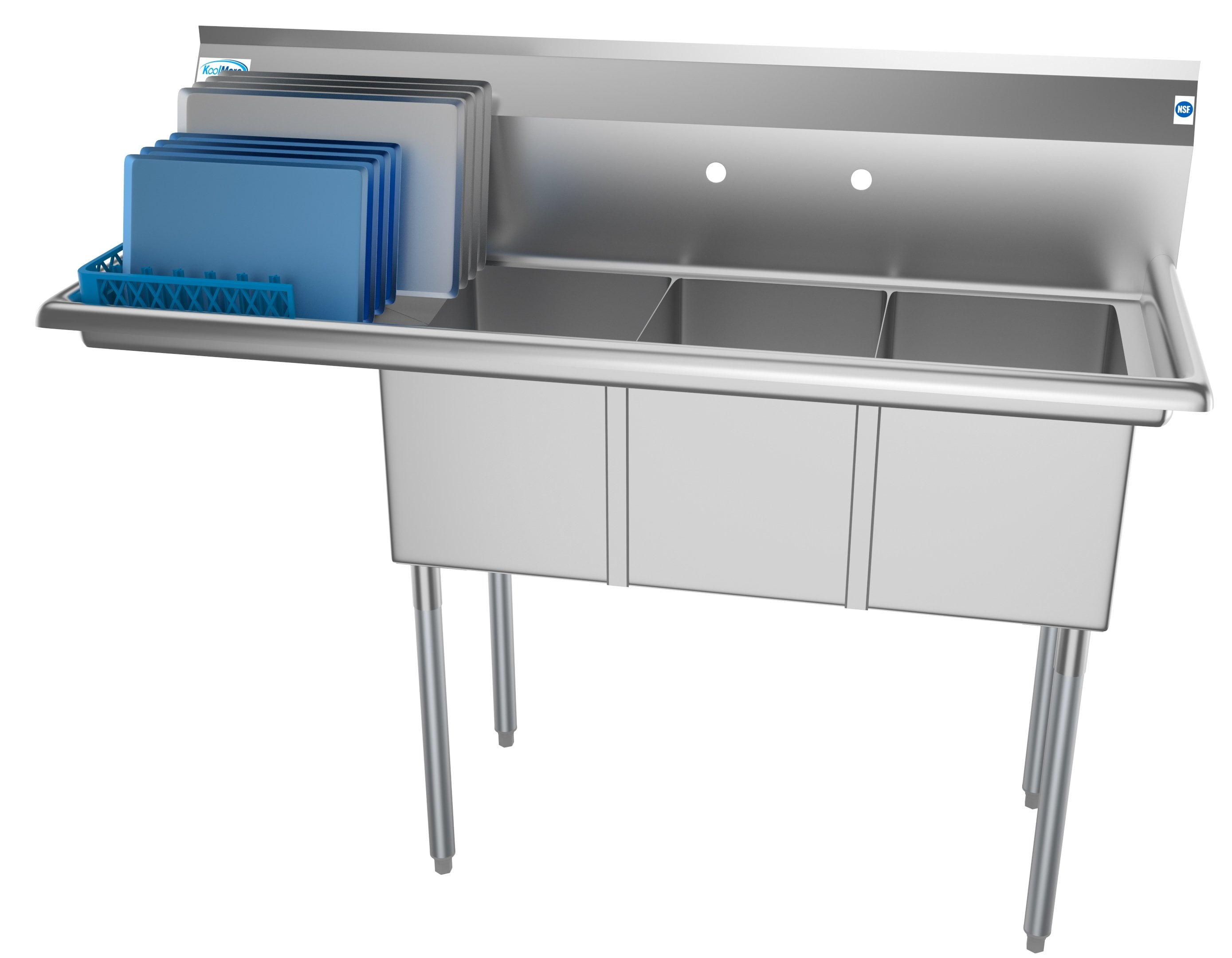 3 Compartment 55" Stainless Steel Commercial Kitchen Sink with Large Drainboard - Bowl Size 12" x 16" x 10"