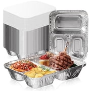 Fit Meal Prep 50 Pack 3 Compartment 8.5 x 6.5 x 1.5 Rectangular Disposable Aluminum Foil Pan Take Out Food Containers with Flat Board Lids, Hot Cold Freezer Oven Safe