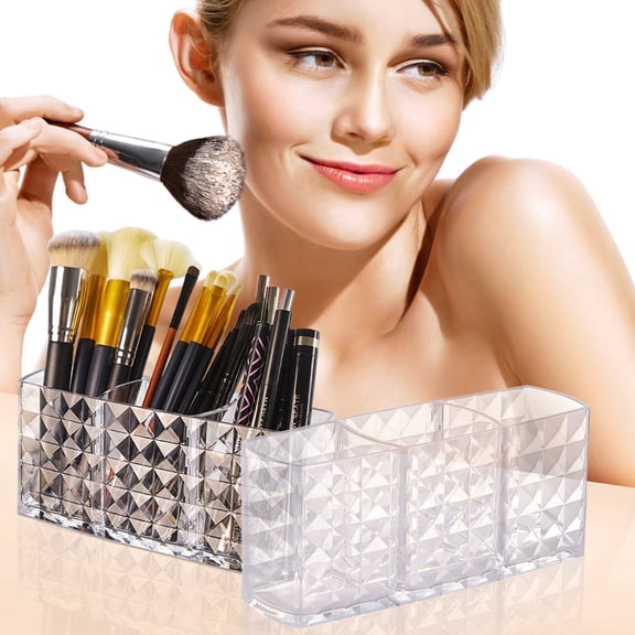 3-Compartment Acrylic Makeup Brush Holder Transparent Cosmetic Organizer Tube Desktop Storage Display Stand for Dressing Table Vanity and Bathroom