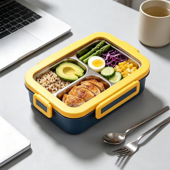 Container With Cooking 3-Compartment Bento Lunch Box with Utensils, Reusable Meal Prep Food ...